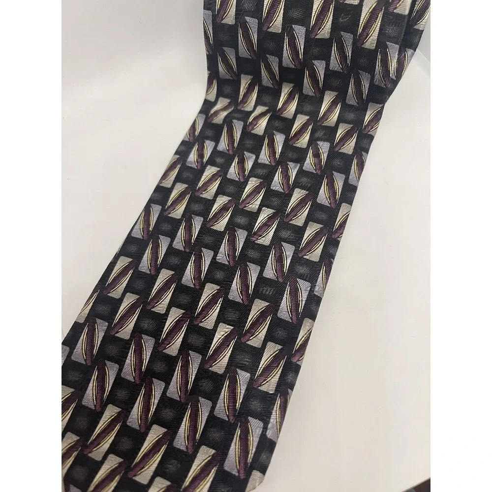 XMI Mens Silk Tie Geometric Black Purple Silver‎ Handmade USA Wide Necktie 59x4